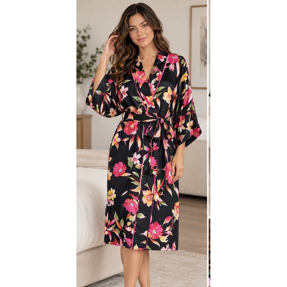 Natori Women's S Black Floral Kimono Robe Satin Belted Long Dressing Gown